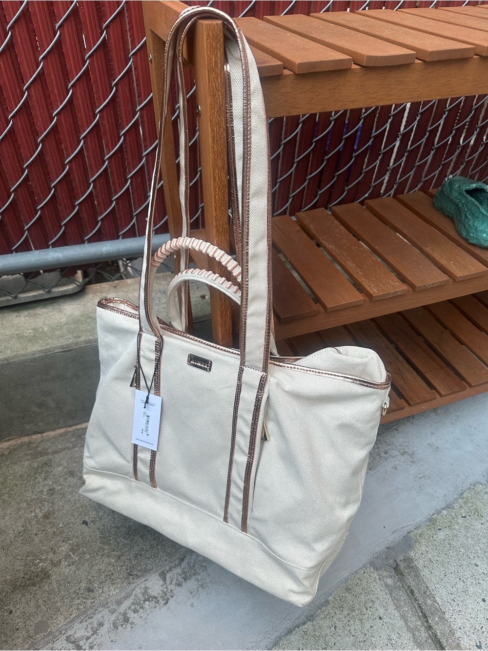 Aimee Kestenberg Cream Tote with Brown Trim